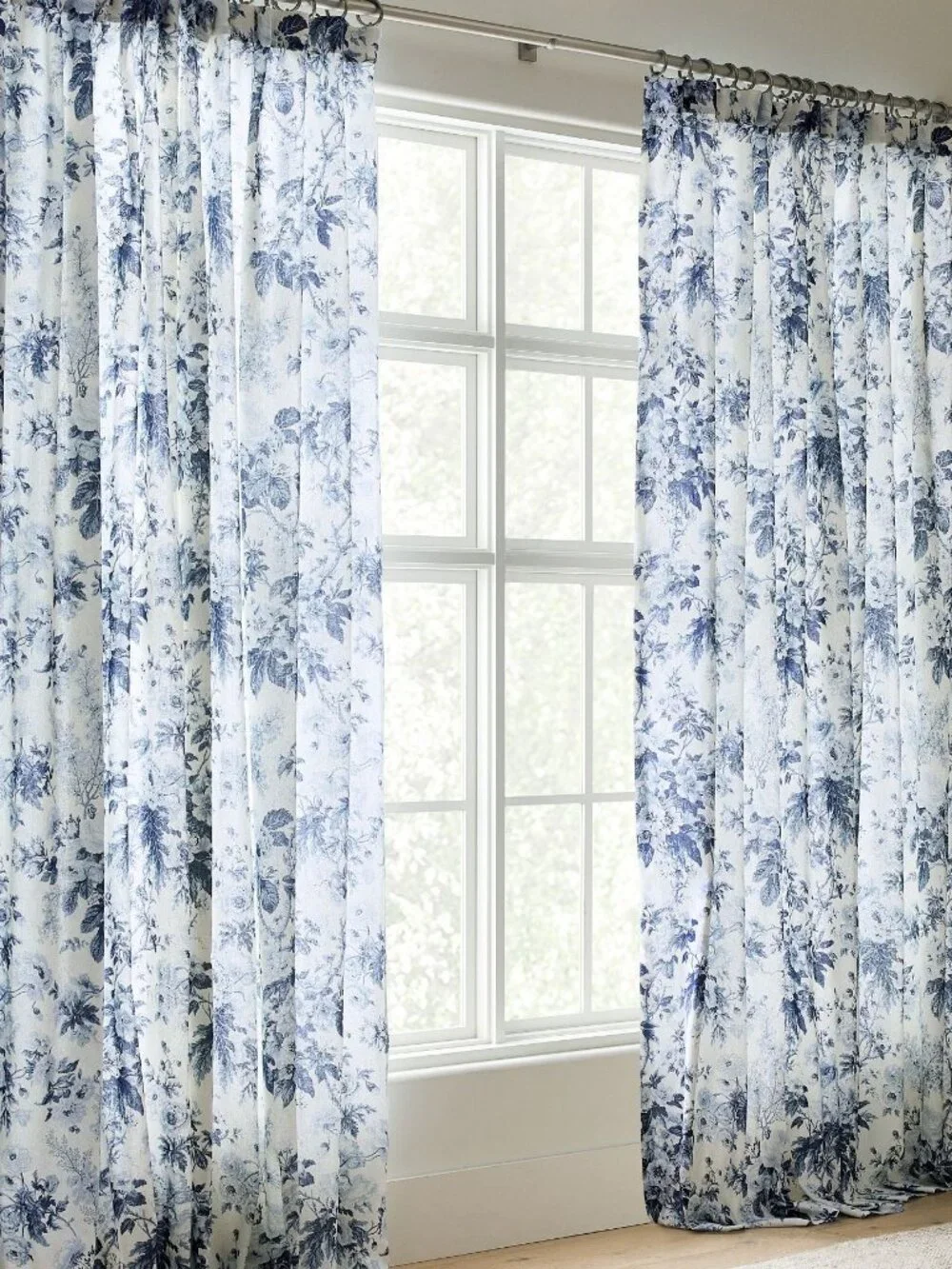 Pottery Barn 2 Blue Garden Floral Toile Curtains Drapes Linen Cotton 50x108